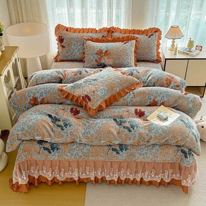 91家纺网 家纺一手货源 找家纺 绒耀 2025新款直播爆款双层蕾丝花边牛奶绒印花床盖四件套床盖单件三件套 一叶暴富
