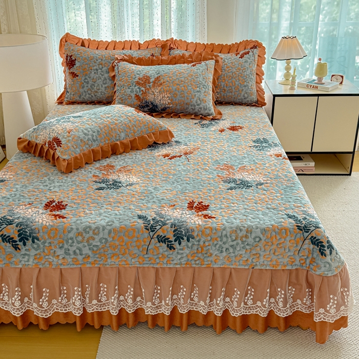 91家纺网 家纺一手货源 找家纺 绒耀 2025新款直播爆款双层蕾丝花边牛奶绒印花床盖四件套床盖单件三件套 一叶暴富