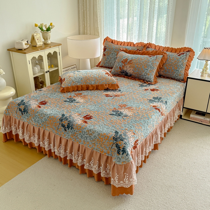 91家纺网 家纺一手货源 找家纺 绒耀 2025新款直播爆款双层蕾丝花边牛奶绒印花床盖四件套床盖单件三件套 一叶暴富