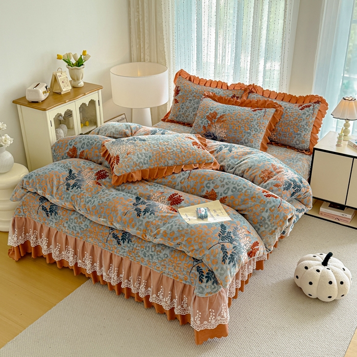 91家纺网 家纺一手货源 找家纺 绒耀 2025新款直播爆款双层蕾丝花边牛奶绒印花床盖四件套床盖单件三件套 一叶暴富