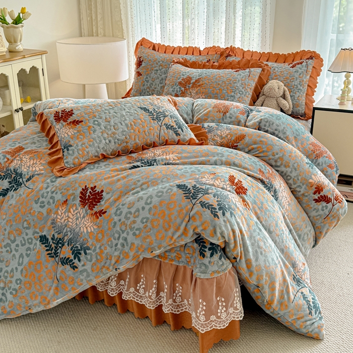 91家纺网 家纺一手货源 找家纺 绒耀 2025新款直播爆款双层蕾丝花边牛奶绒印花床盖四件套床盖单件三件套 一叶暴富