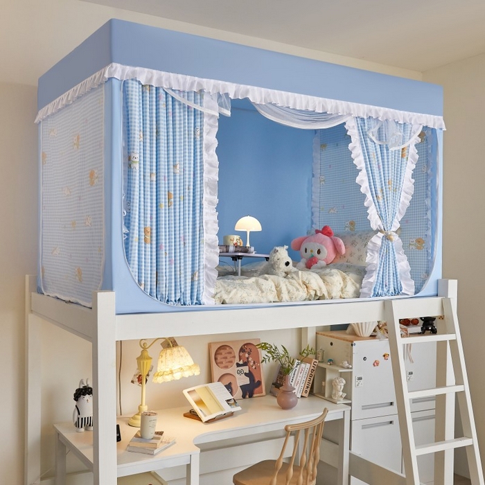 91家纺网 家纺一手货源 找家纺 锦逸家居 2025新款卡通抱抱熊强遮光床帘款学生蚊帐 好朋友-天蓝