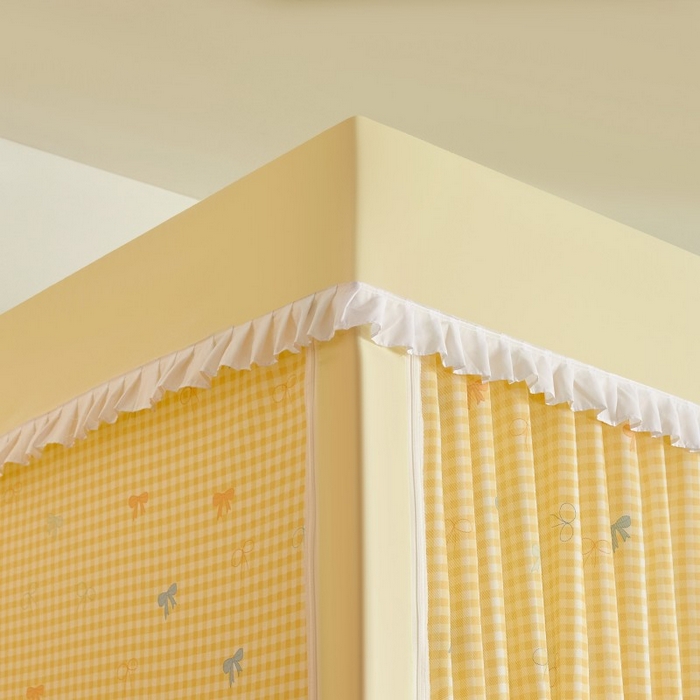 91家纺网 家纺一手货源 找家纺 锦逸家居 2025新款卡通抱抱熊强遮光床帘款学生蚊帐 蝴蝶结-嫩黄