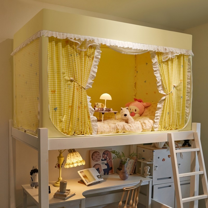 91家纺网 家纺一手货源 找家纺 锦逸家居 2025新款卡通抱抱熊强遮光床帘款学生蚊帐 蝴蝶结-嫩黄