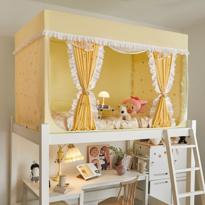 91家纺网 家纺一手货源 找家纺 锦逸家居 2025新款卡通抱抱熊强遮光床帘款学生蚊帐 蝴蝶结-嫩黄