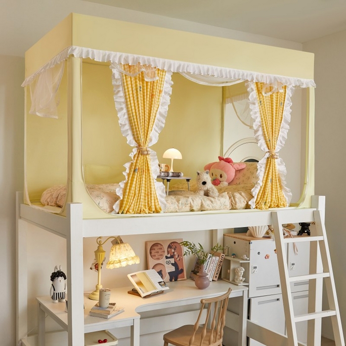 91家纺网 家纺一手货源 找家纺 锦逸家居 2025新款卡通抱抱熊强遮光床帘款学生蚊帐 蝴蝶结-嫩黄