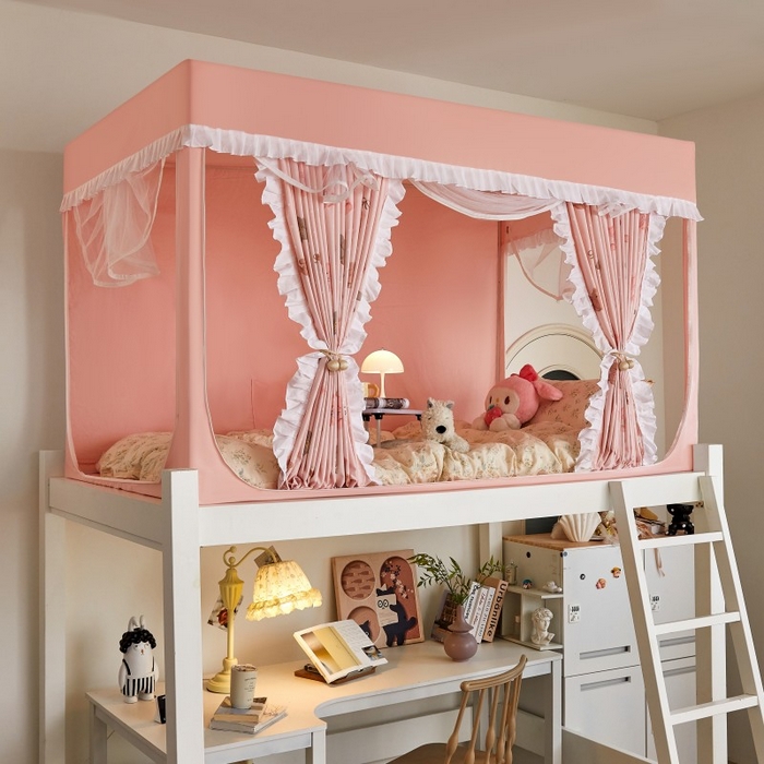 91家纺网 家纺一手货源 找家纺 锦逸家居 2025新款卡通抱抱熊强遮光床帘款学生蚊帐 幸运熊和狗-粉