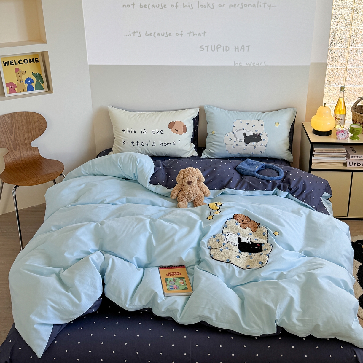 美乐迪家纺 2025新款全棉毛巾绣绣花四件套 点点猫舍