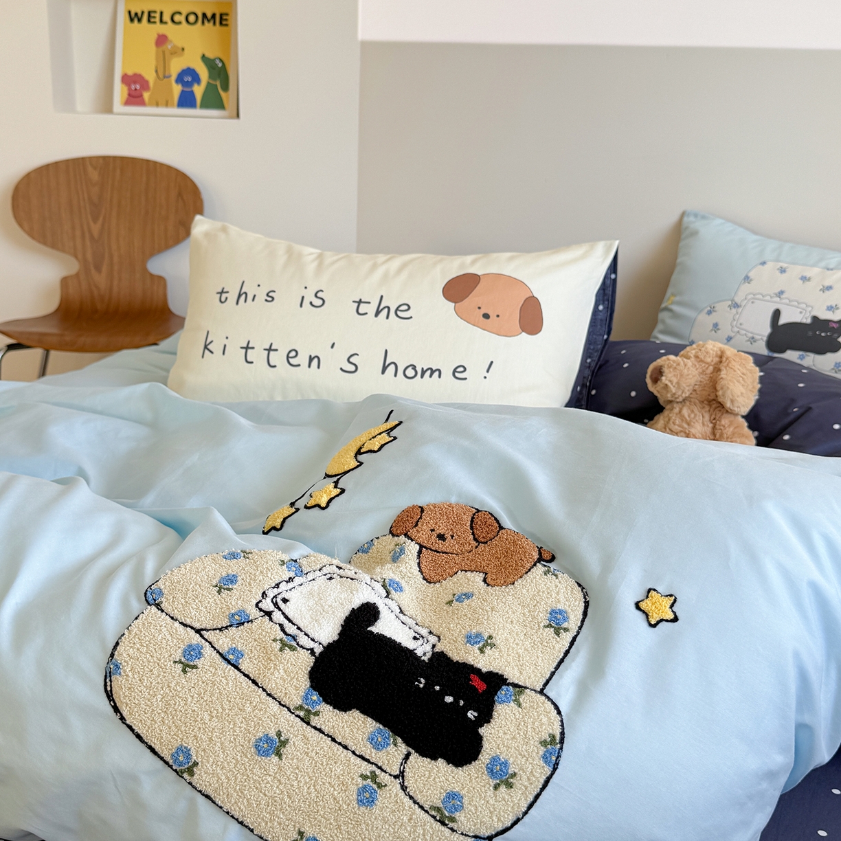 91家纺网 家纺一手货源 找家纺 美乐迪家纺 2025新款全棉毛巾绣绣花四件套 点点猫舍