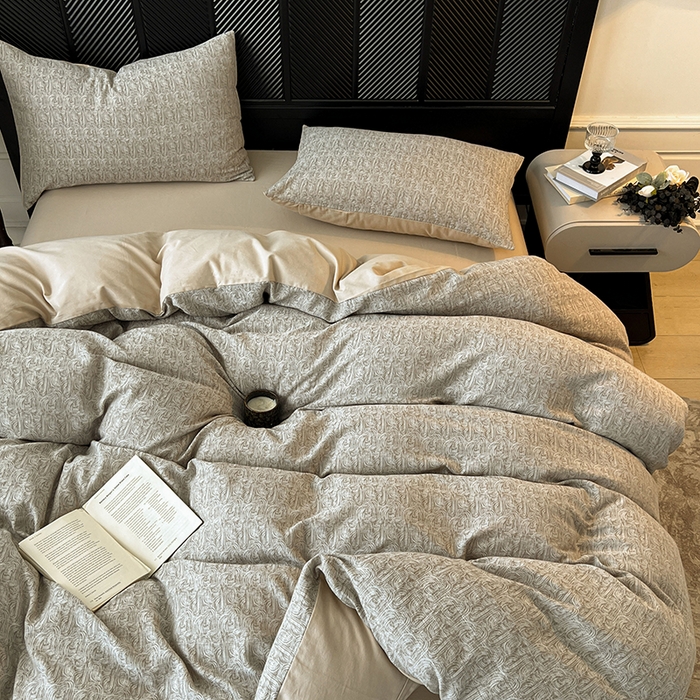 91家纺网 家纺一手货源 找家纺 莱茵家居 2025新款A类简约60S色织提花磨毛四件套 辞花-暖卡其