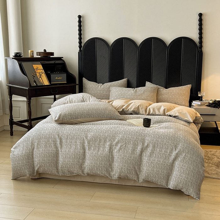 91家纺网 家纺一手货源 找家纺 莱茵家居 2025新款A类简约60S色织提花磨毛四件套 辞花-暖卡其