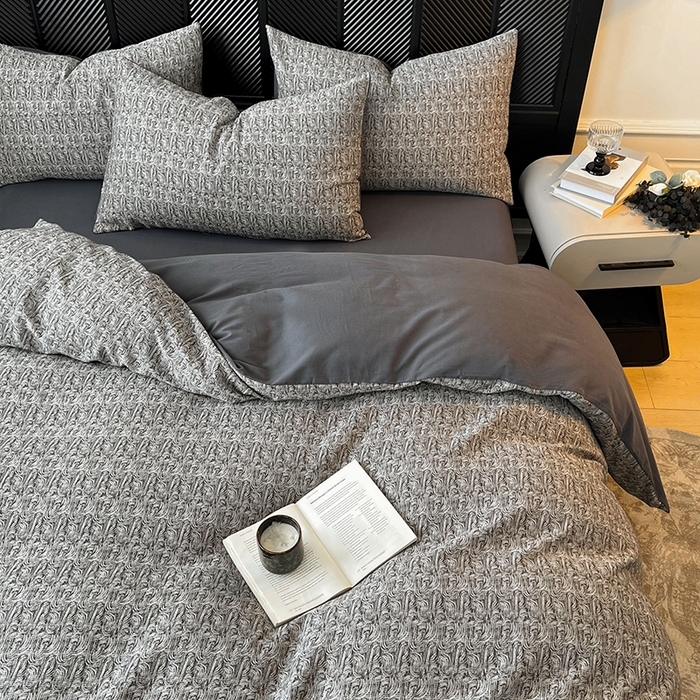91家纺网 家纺一手货源 找家纺 莱茵家居 2025新款A类简约60S色织提花磨毛四件套 辞花-深霜灰