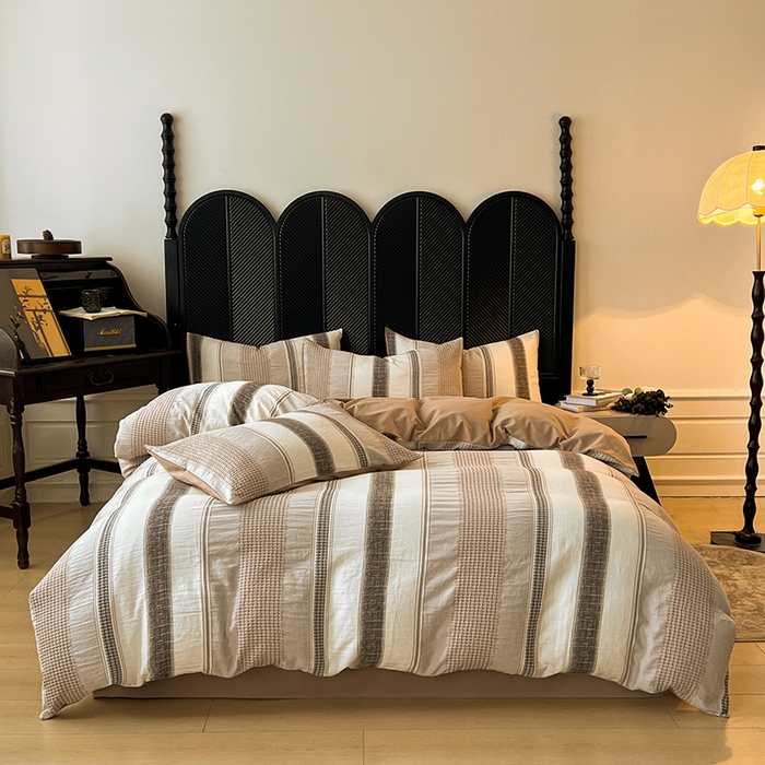 91家纺网 家纺一手货源 找家纺 莱茵家居 2025新款A类简约60S色织提花磨毛四件套 丝序-暮色棕