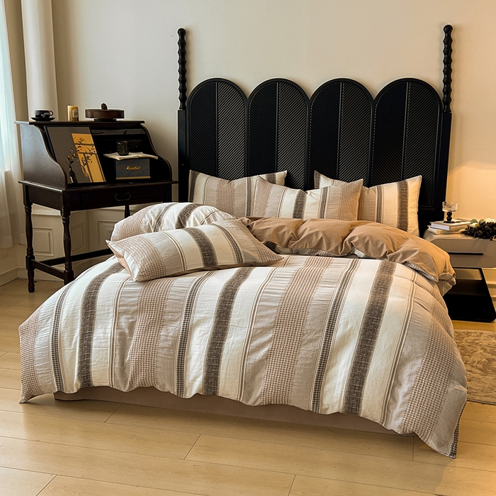 91家纺网 家纺一手货源 找家纺 莱茵家居 2025新款A类简约60S色织提花磨毛四件套 丝序-暮色棕