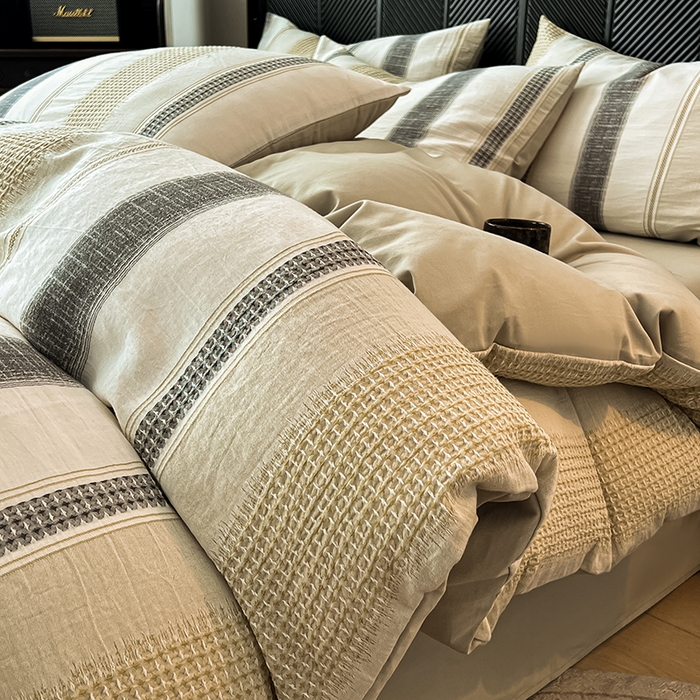 莱茵家居 2025新款A类简约60S色织提花磨毛四件套 丝序-浅茶灰