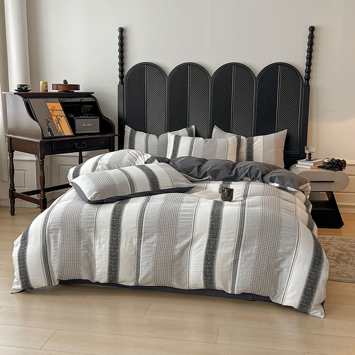 91家纺网 家纺一手货源 找家纺 莱茵家居 2025新款A类简约60S色织提花磨毛四件套 丝序-深霜灰