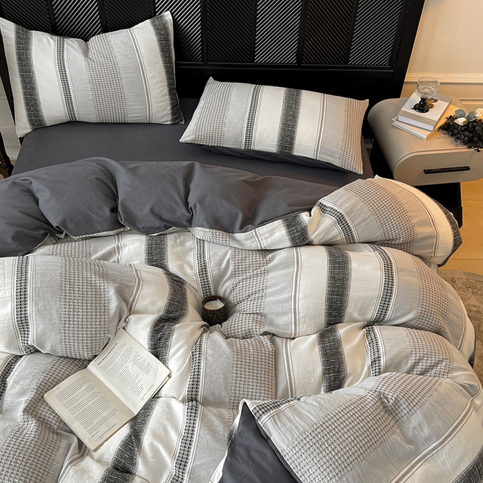 91家纺网 家纺一手货源 找家纺 莱茵家居 2025新款A类简约60S色织提花磨毛四件套 丝序-深霜灰