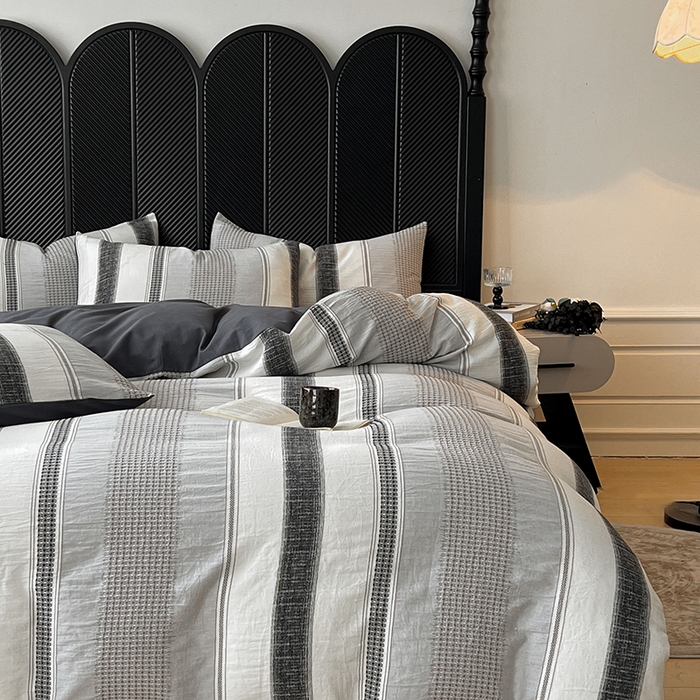 91家纺网 家纺一手货源 找家纺 莱茵家居 2025新款A类简约60S色织提花磨毛四件套 丝序-深霜灰