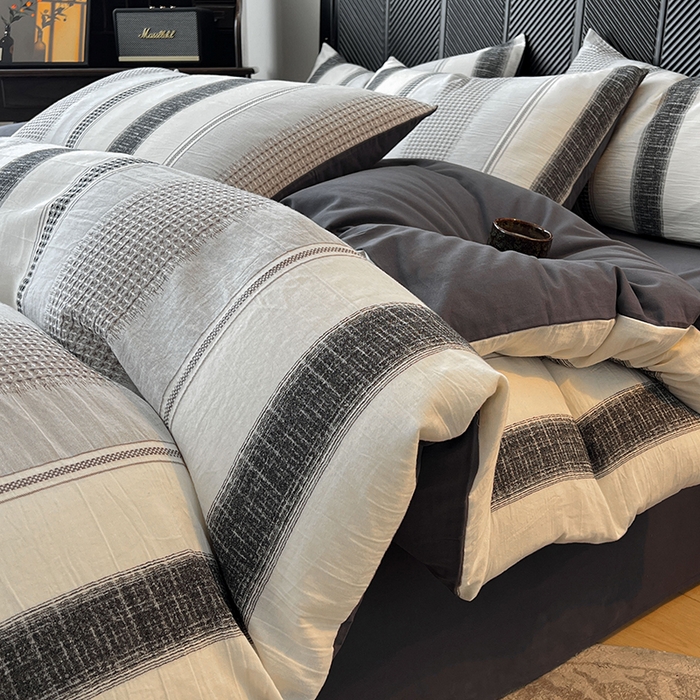 莱茵家居 2025新款A类简约60S色织提花磨毛四件套 丝序-深霜灰