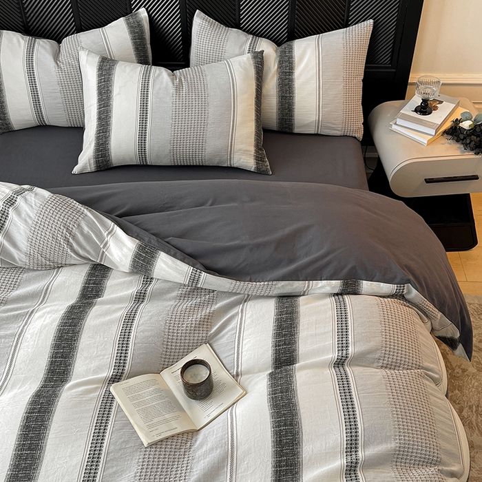 91家纺网 家纺一手货源 找家纺 莱茵家居 2025新款A类简约60S色织提花磨毛四件套 丝序-深霜灰