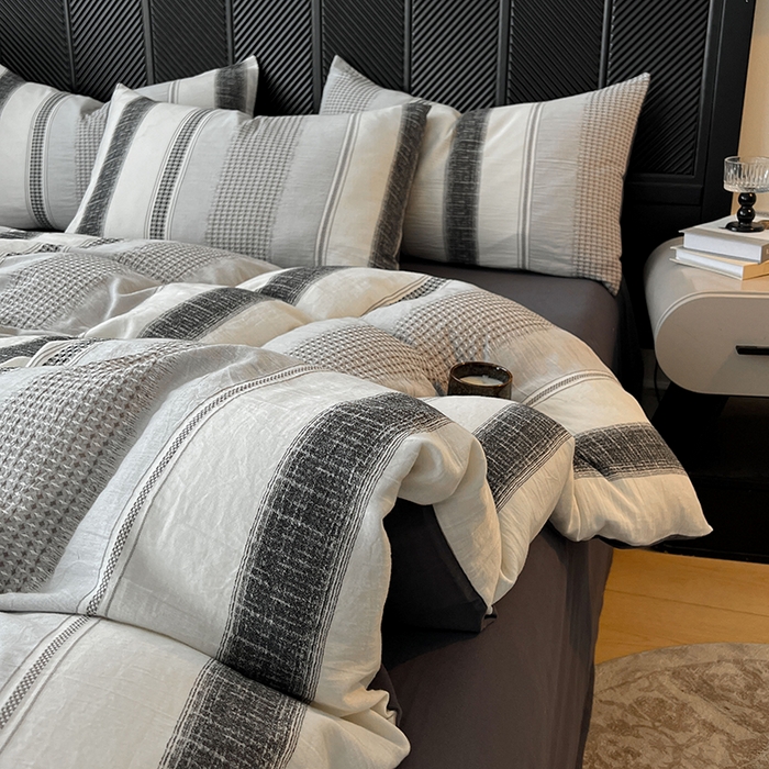 91家纺网 家纺一手货源 找家纺 莱茵家居 2025新款A类简约60S色织提花磨毛四件套 丝序-深霜灰