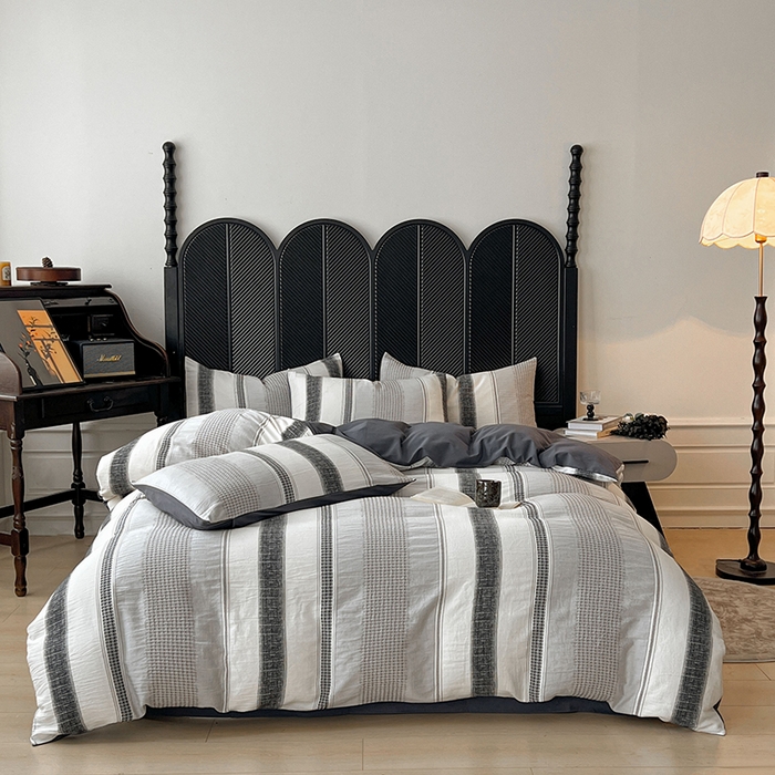 91家纺网 家纺一手货源 找家纺 莱茵家居 2025新款A类简约60S色织提花磨毛四件套 丝序-深霜灰