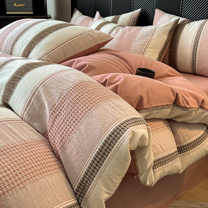 莱茵家居 2025新款A类简约60S色织提花磨毛四件套 丝序-胭脂粉