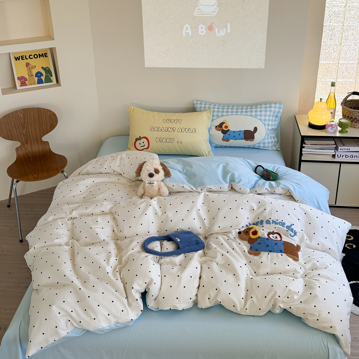 91家纺网 家纺一手货源 找家纺 美乐迪家纺 2025新款全棉毛巾绣绣花四件套 居家腊肠狗