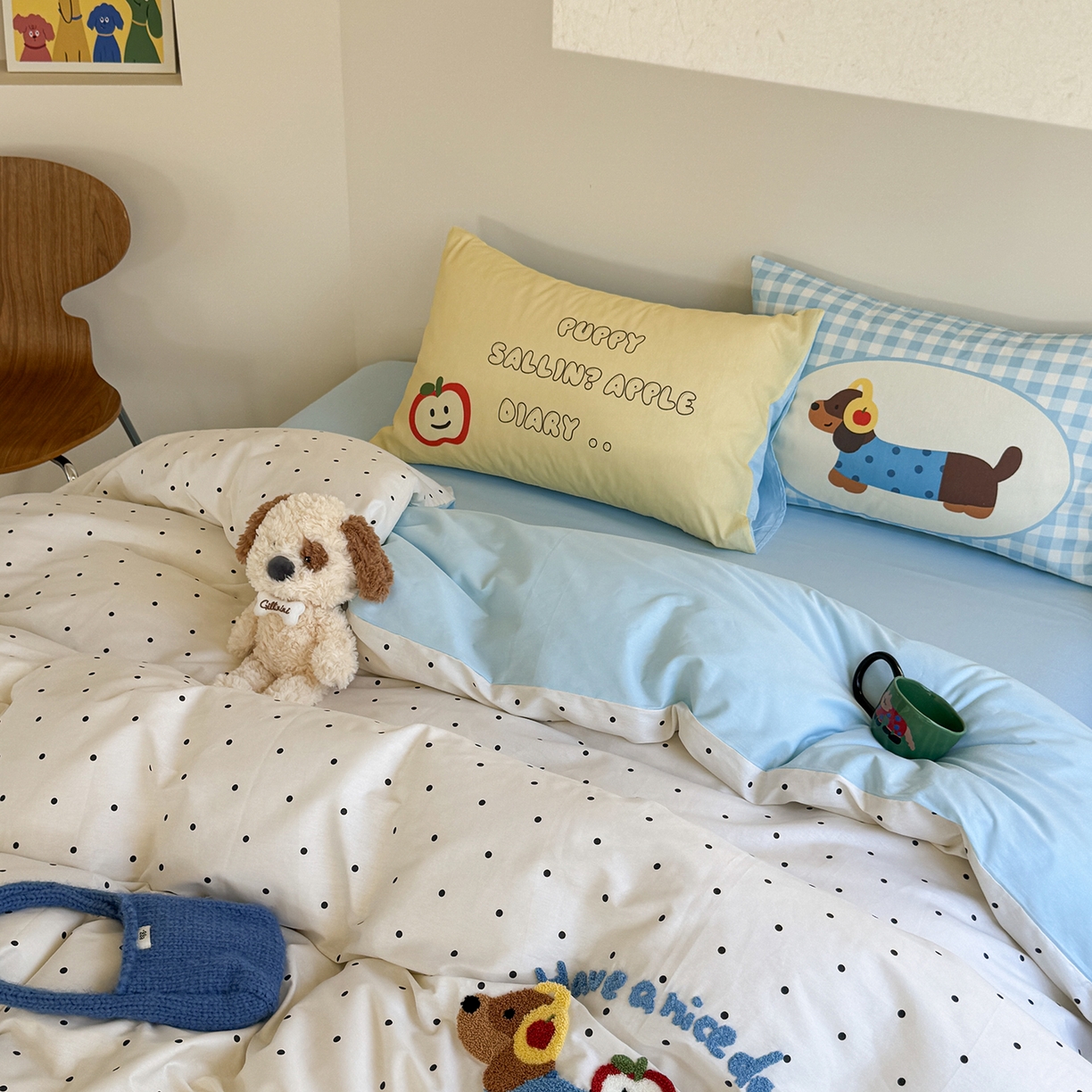 91家纺网 家纺一手货源 找家纺 美乐迪家纺 2025新款全棉毛巾绣绣花四件套 居家腊肠狗