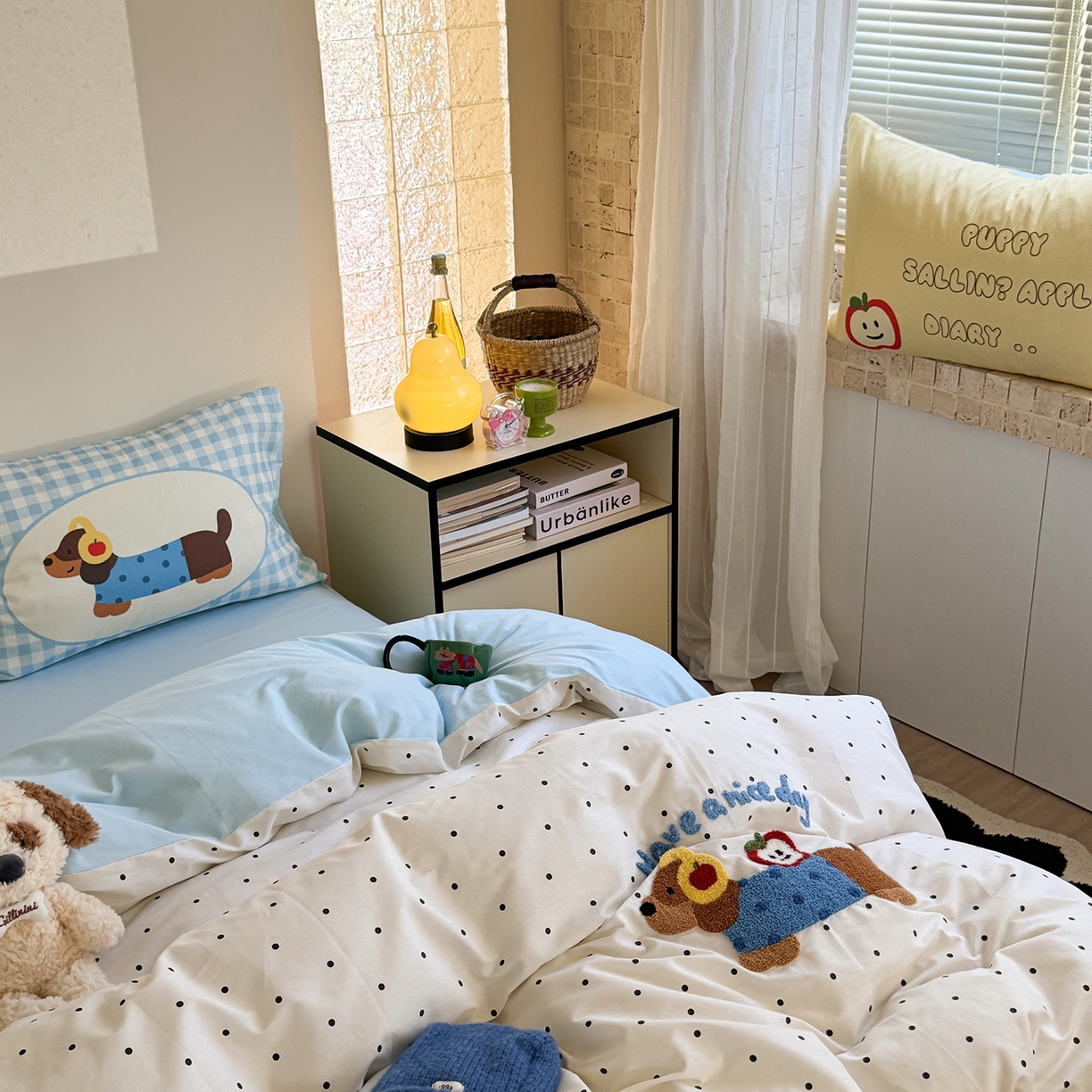 91家纺网 家纺一手货源 找家纺 美乐迪家纺 2025新款全棉毛巾绣绣花四件套 居家腊肠狗