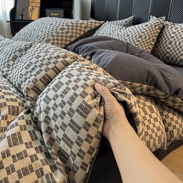 91家纺网 家纺一手货源 找家纺 莱茵家居 2025新款A类简约60S色织提花磨毛四件套 夜织