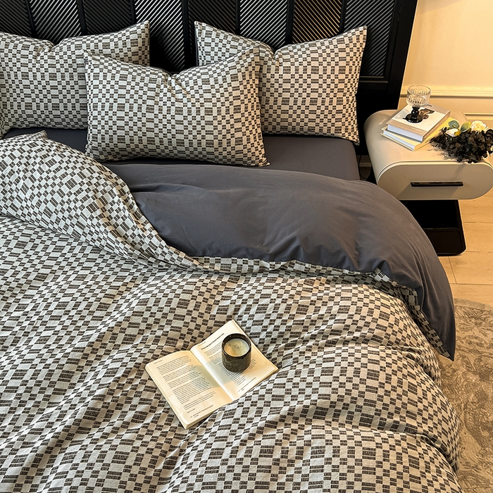 91家纺网 家纺一手货源 找家纺 莱茵家居 2025新款A类简约60S色织提花磨毛四件套 夜织