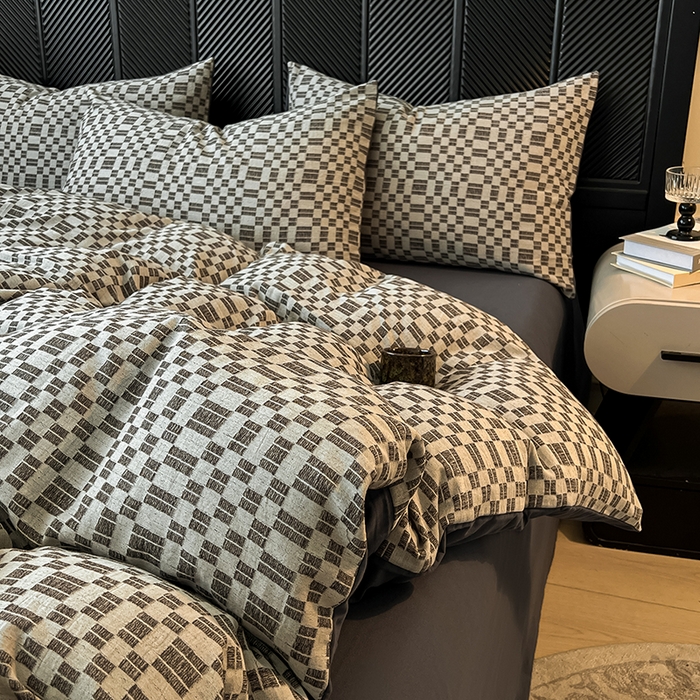 91家纺网 家纺一手货源 找家纺 莱茵家居 2025新款A类简约60S色织提花磨毛四件套 夜织