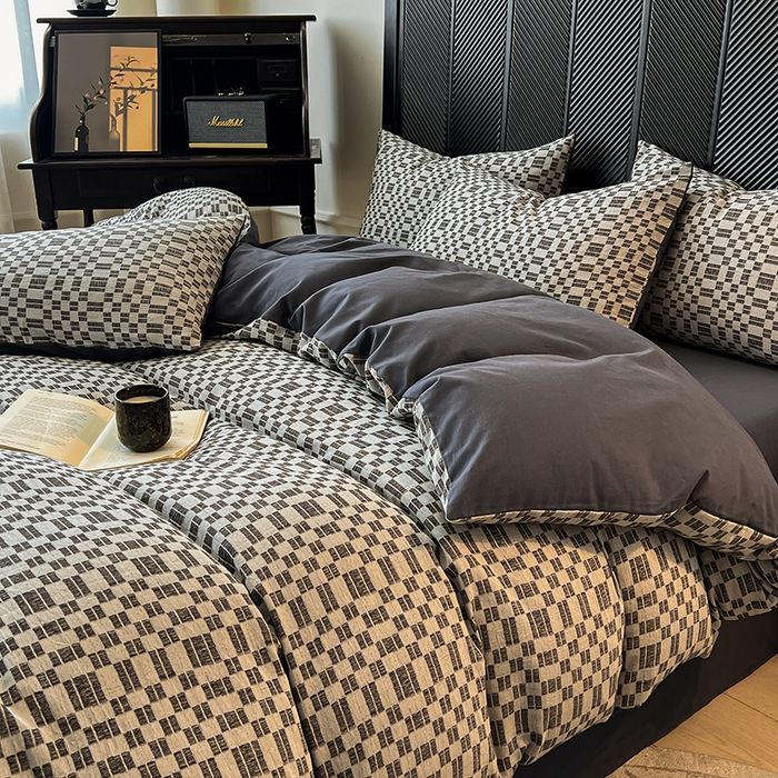 91家纺网 家纺一手货源 找家纺 莱茵家居 2025新款A类简约60S色织提花磨毛四件套 夜织