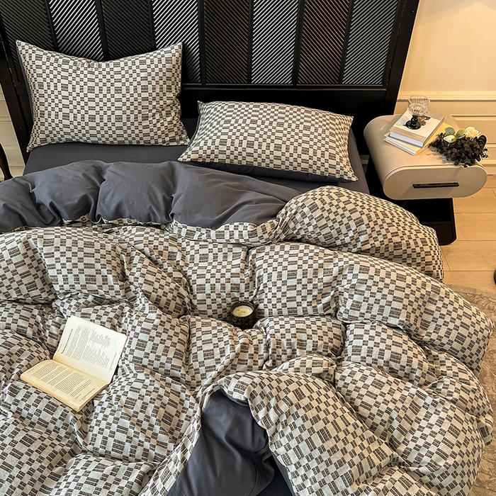 91家纺网 家纺一手货源 找家纺 莱茵家居 2025新款A类简约60S色织提花磨毛四件套 夜织