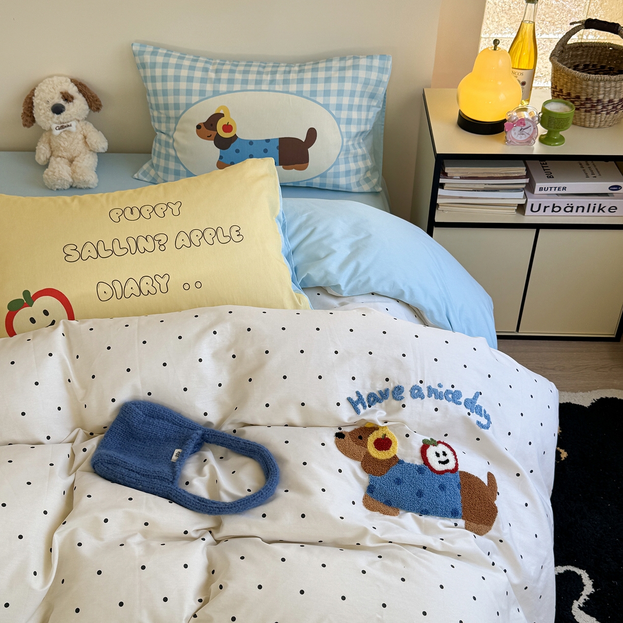 91家纺网 家纺一手货源 找家纺 美乐迪家纺 2025新款全棉毛巾绣绣花四件套 居家腊肠狗