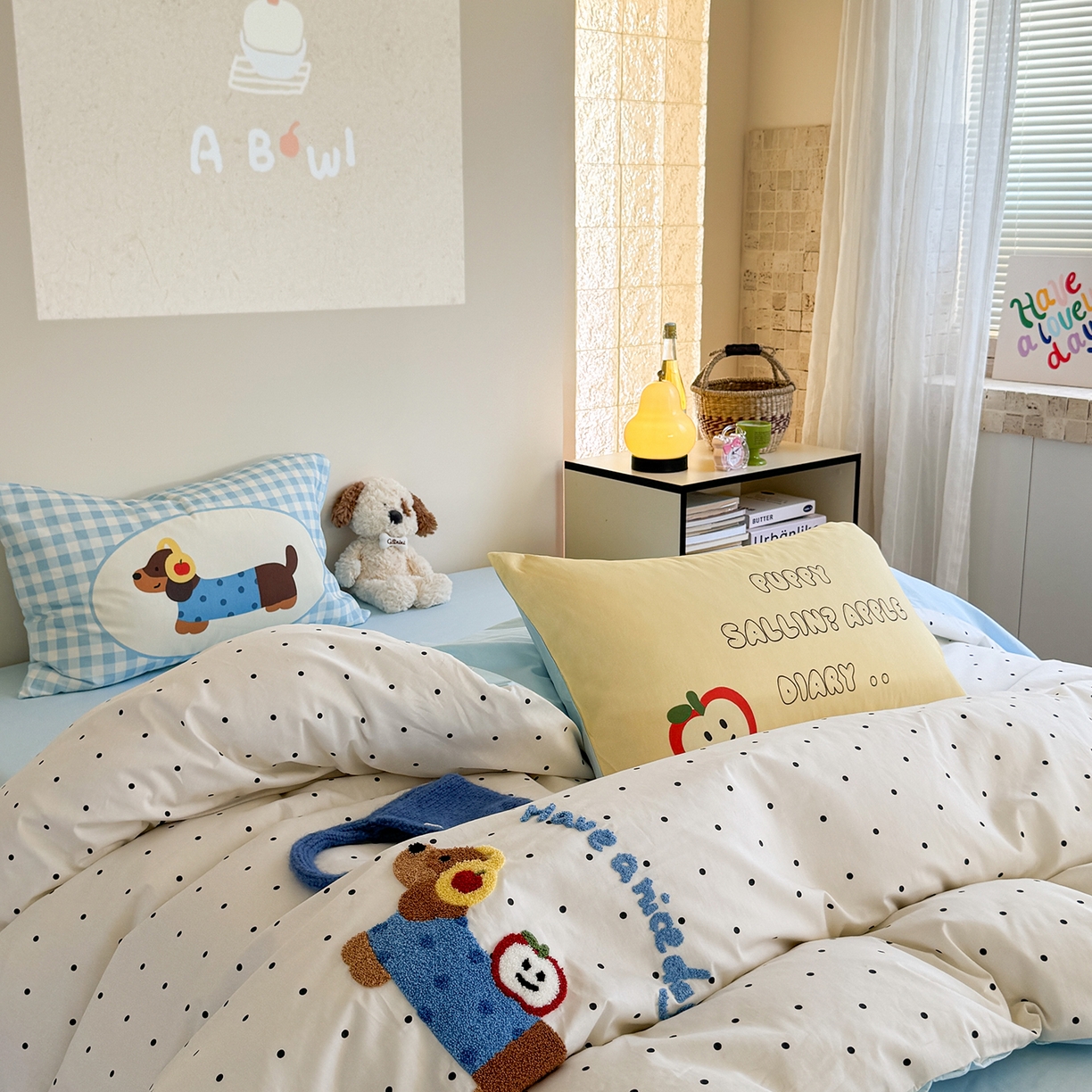 91家纺网 家纺一手货源 找家纺 美乐迪家纺 2025新款全棉毛巾绣绣花四件套 居家腊肠狗