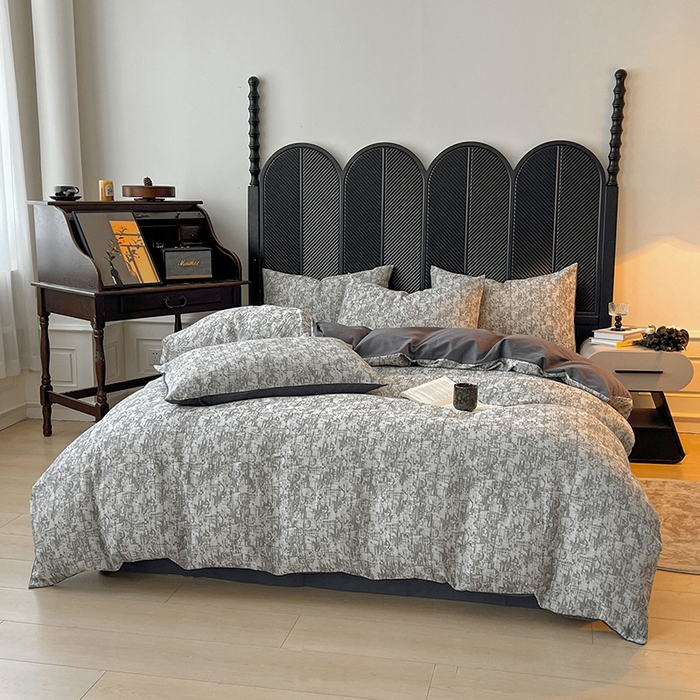 91家纺网 家纺一手货源 找家纺 莱茵家居 2025新款A类简约60S色织提花磨毛四件套 织境-深霜灰