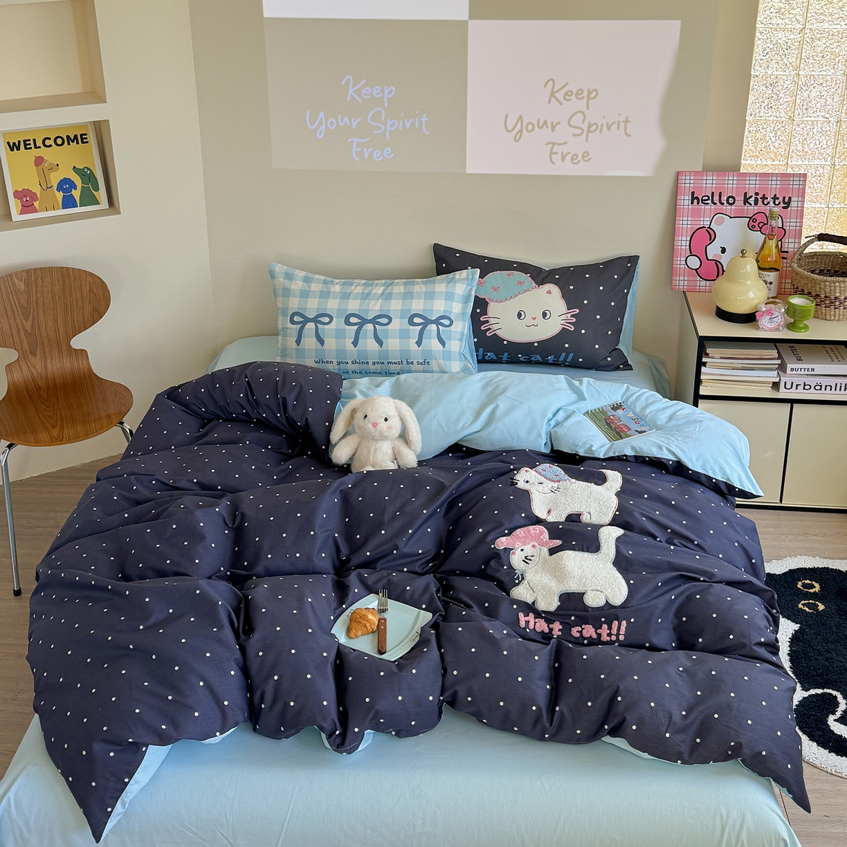 美乐迪家纺 2025新款全棉毛巾绣绣花四件套 猫猫日记