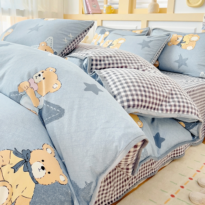 琪琪阁家纺 2025新款A类全棉纯棉加牛奶绒包边款单被套四件套星空宝贝