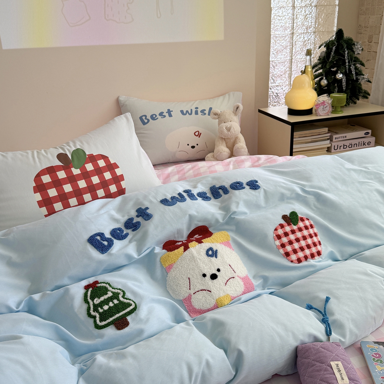 91家纺网 家纺一手货源 找家纺 美乐迪家纺 2025新款全棉毛巾绣绣花四件套 萌趣小狗