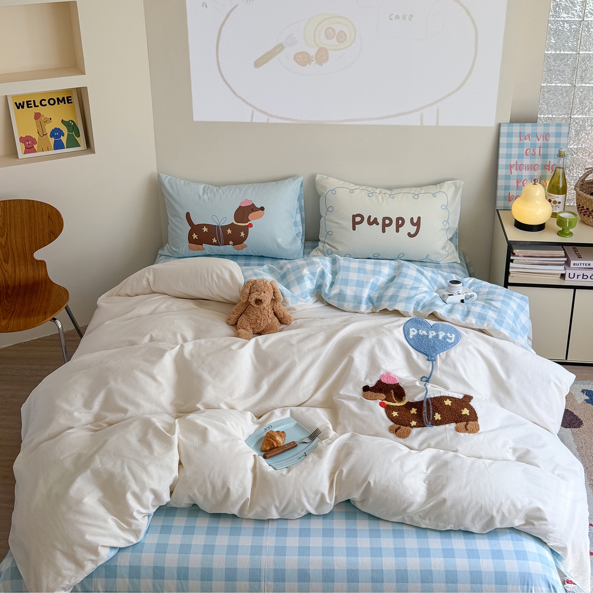 美乐迪家纺 2025新款全棉毛巾绣绣花四件套 气球腊肠狗