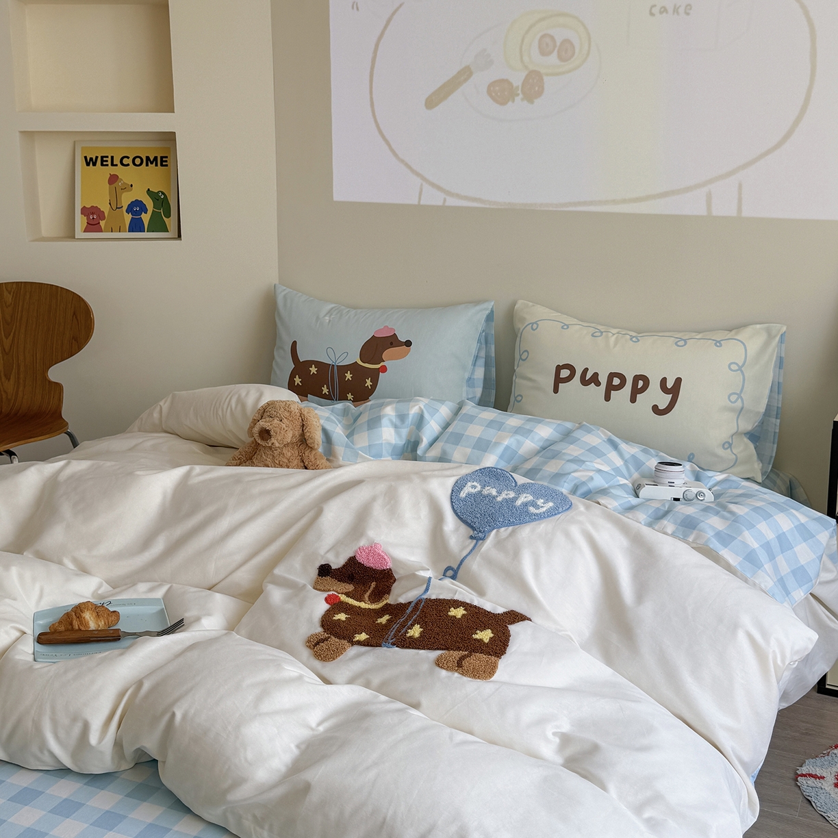 91家纺网 家纺一手货源 找家纺 美乐迪家纺 2025新款全棉毛巾绣绣花四件套 气球腊肠狗