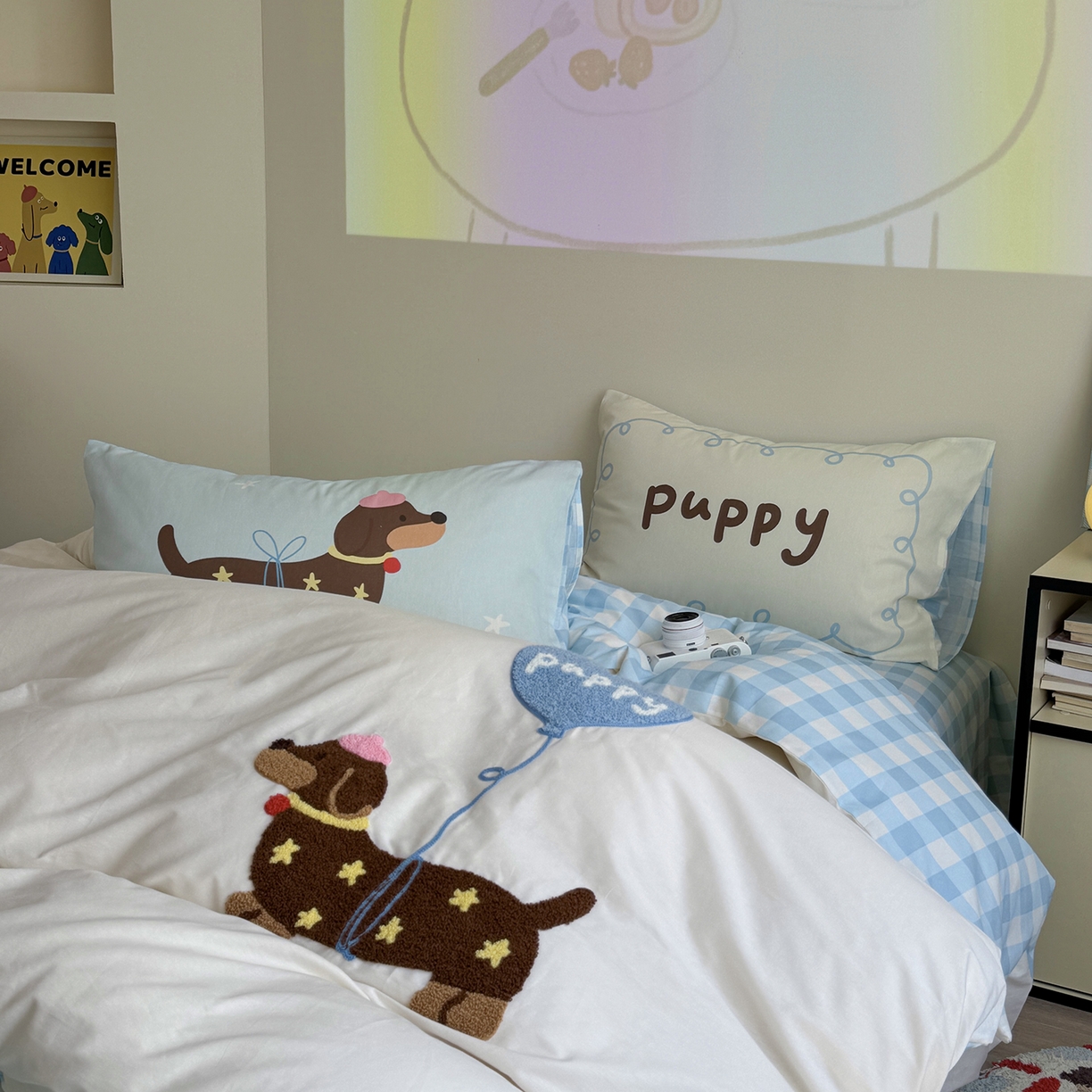 91家纺网 家纺一手货源 找家纺 美乐迪家纺 2025新款全棉毛巾绣绣花四件套 气球腊肠狗