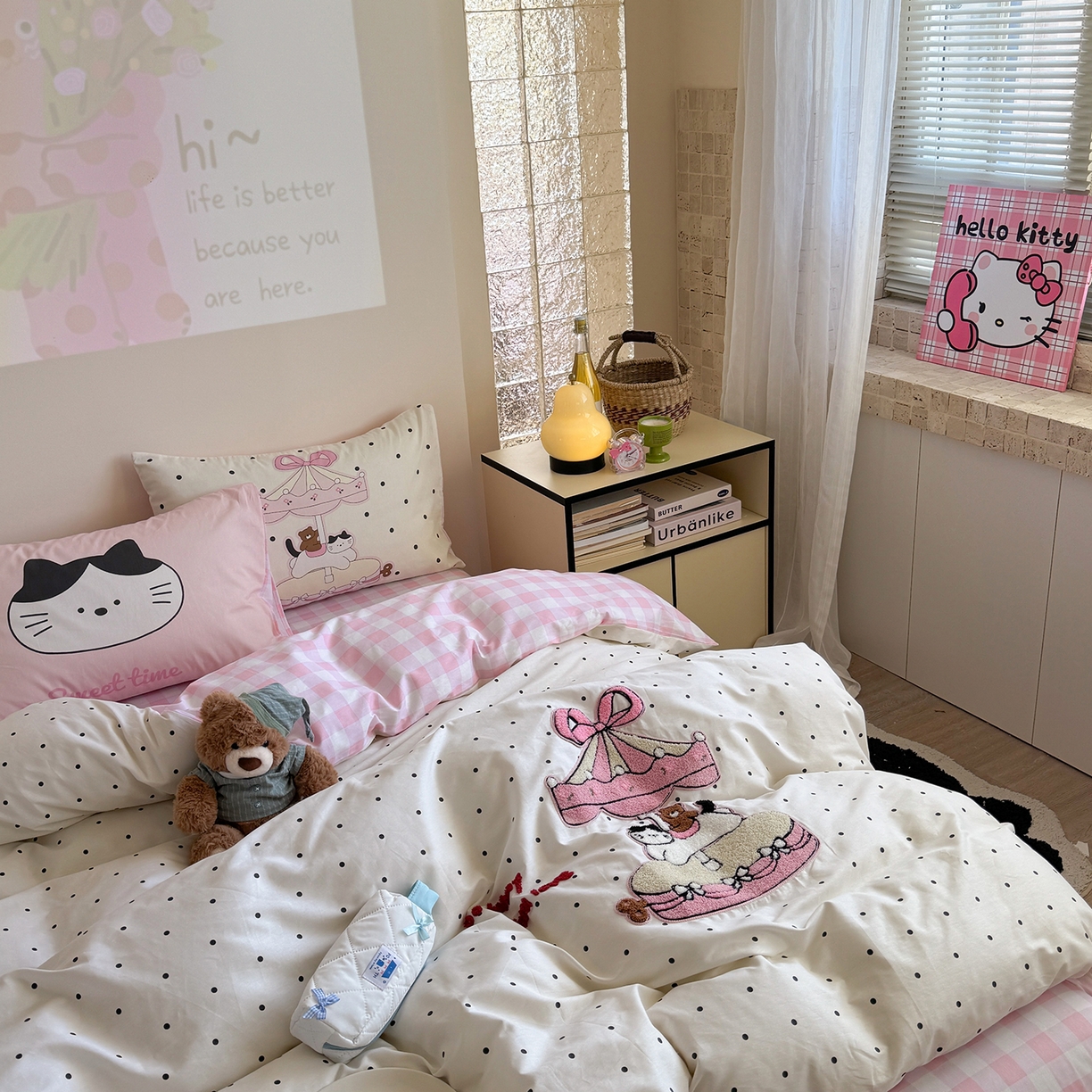 91家纺网 家纺一手货源 找家纺 美乐迪家纺 2025新款全棉毛巾绣绣花四件套 童趣小猫