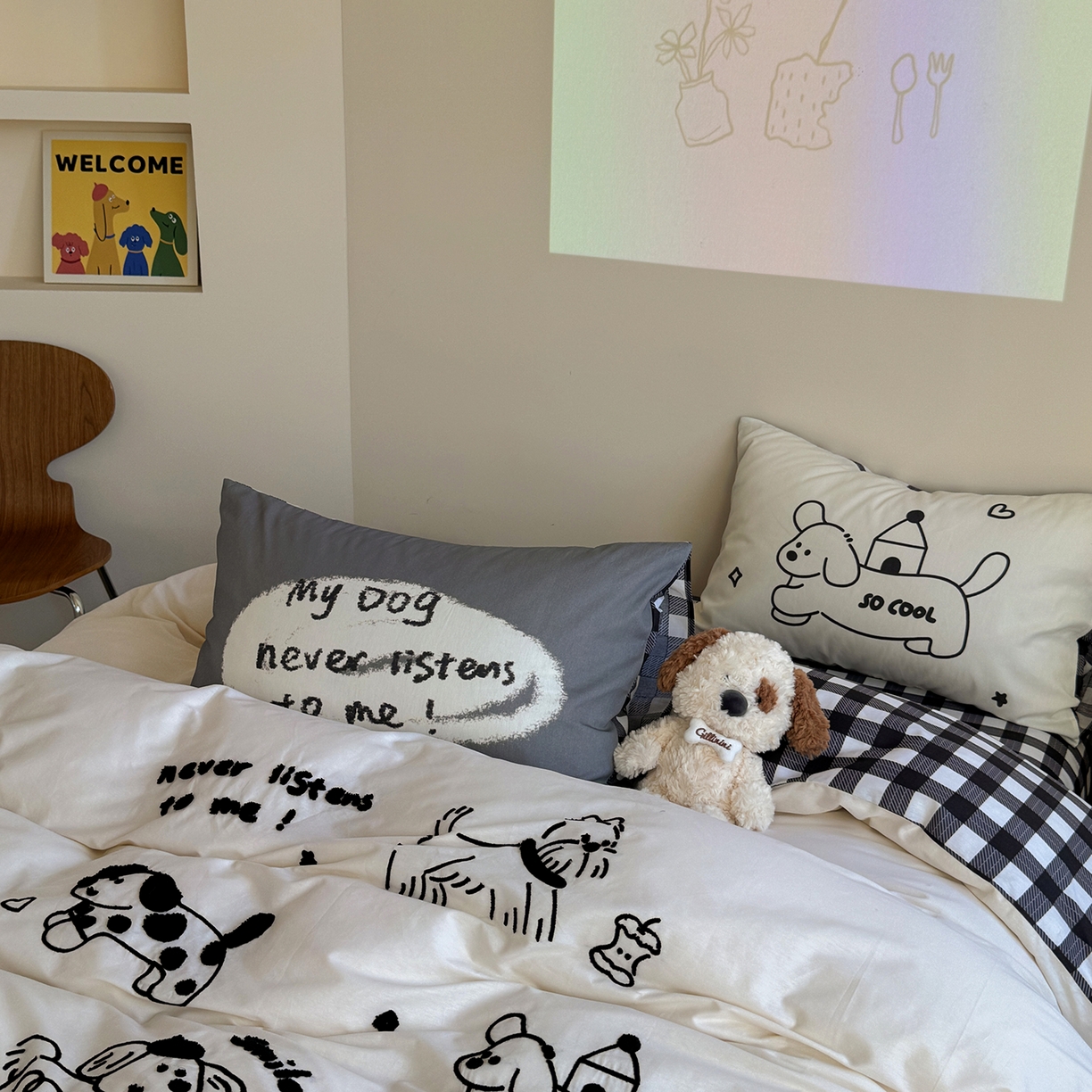 91家纺网 家纺一手货源 找家纺 美乐迪家纺 2025新款全棉毛巾绣绣花四件套 休闲狗狗