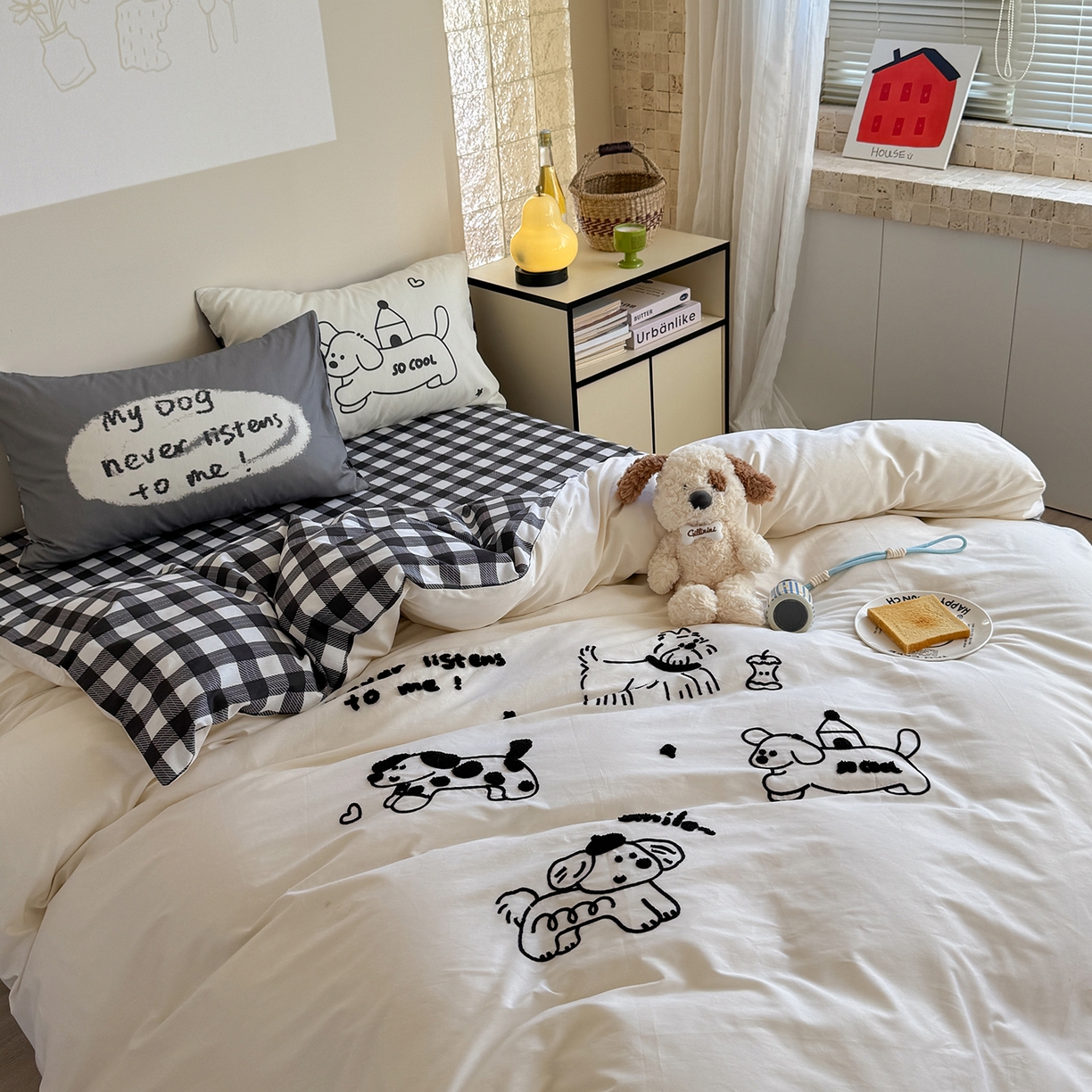 91家纺网 家纺一手货源 找家纺 美乐迪家纺 2025新款全棉毛巾绣绣花四件套 休闲狗狗