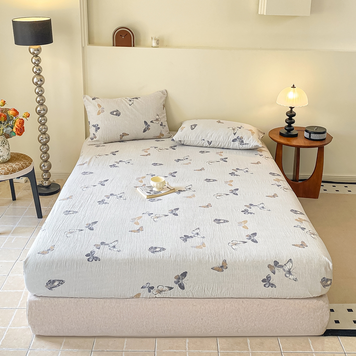 91家纺网 家纺一手货源 找家纺 一比一家纺 2026新款加厚原麻皱皱纱床笠单品床笠单件单床笠 蝶舞