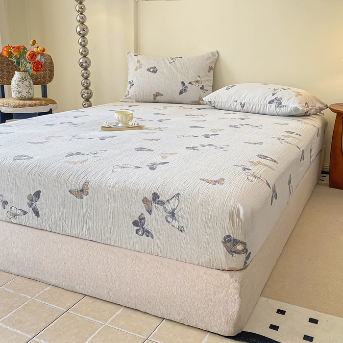 91家纺网 家纺一手货源 找家纺 一比一家纺 2026新款加厚原麻皱皱纱床笠单品床笠单件单床笠 蝶舞