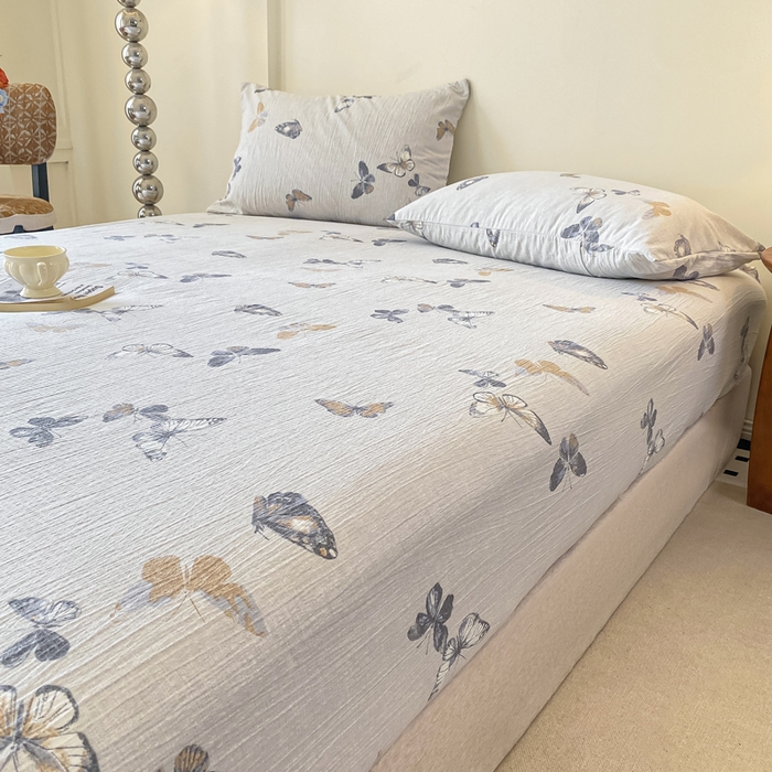 91家纺网 家纺一手货源 找家纺 一比一家纺 2026新款加厚原麻皱皱纱床笠单品床笠单件单床笠 蝶舞